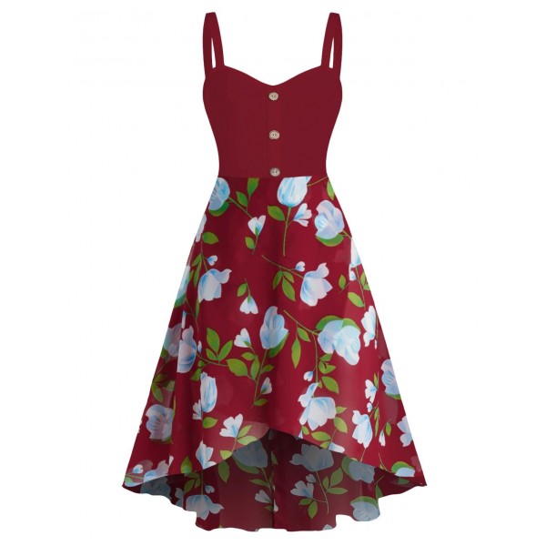 Flower Print Sleeveless High Low Chiffon Dress