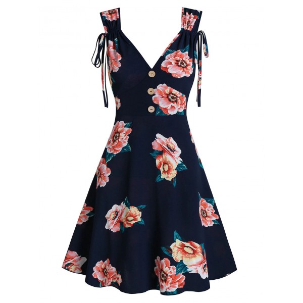 Flower Print Sleeveless Mock Button Dress