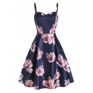 Flower Print Sweetheart Open Back Dress