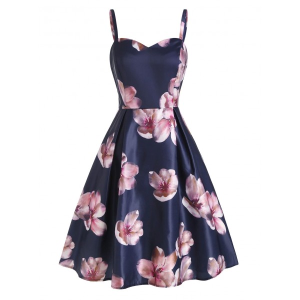 Flower Print Sweetheart Open Back Dress