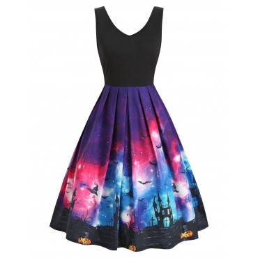 Galaxy Bat Graphic Sleeveless Halloween Dress