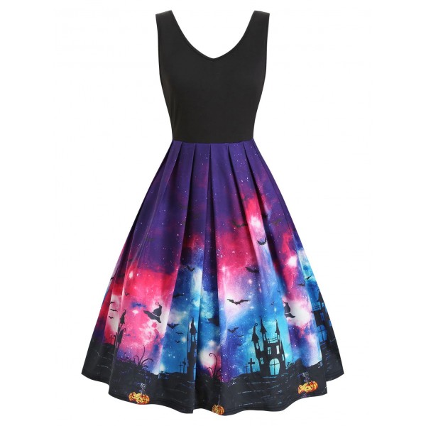 Galaxy Bat Graphic Sleeveless Halloween Dress