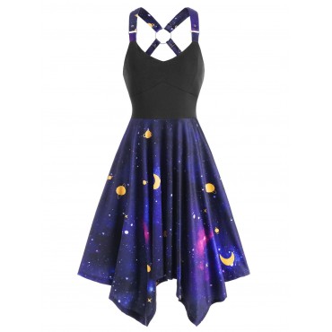 Galaxy Print Ring Asymmetrical Dress