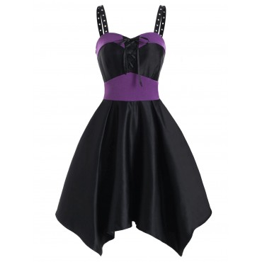 Gothic Color Block Lace Up Handkerchief Dress