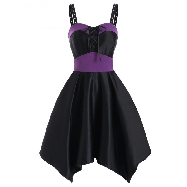 Gothic Color Block Lace Up Handkerchief Dress