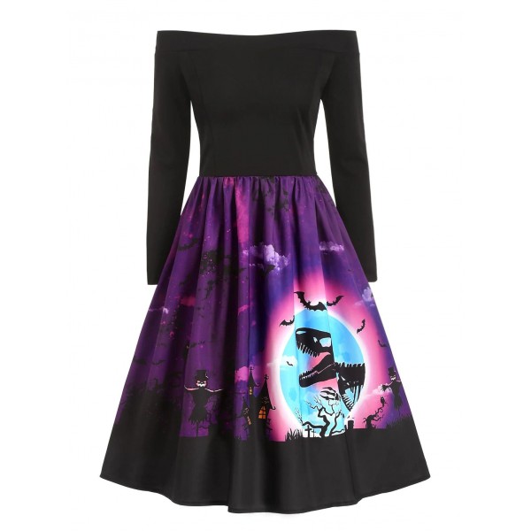 Halloween Dinosaur Owl Print Off Shoulder Dress