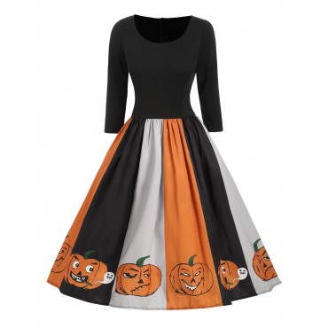 Halloween Pumpkin Color Block Midi Dress