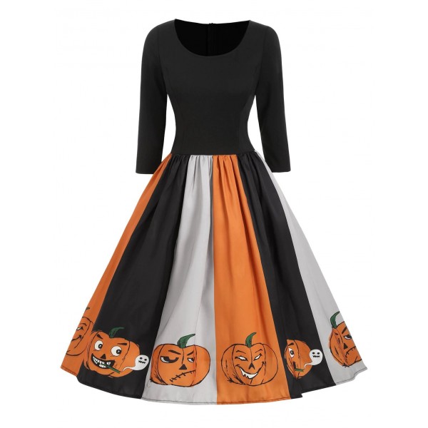 Halloween Pumpkin Color Block Midi Dress