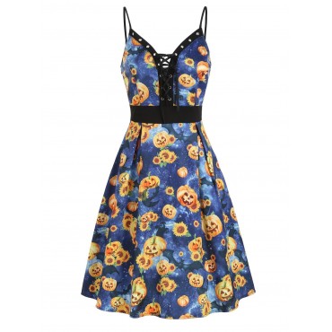 Halloween Pumpkin Sunflower Lace Up Dress