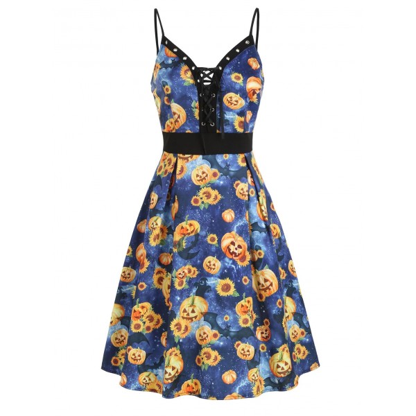 Halloween Pumpkin Sunflower Lace Up Dress