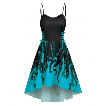 High Low Lace Up Octopus Print Cami Dress