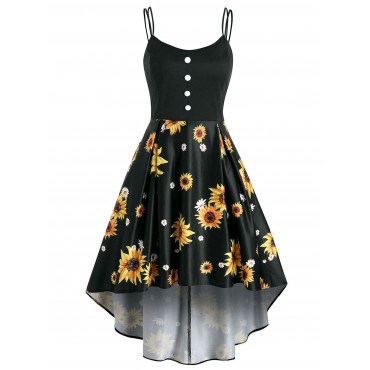 Mock Button Sunflower Print High Low Dress