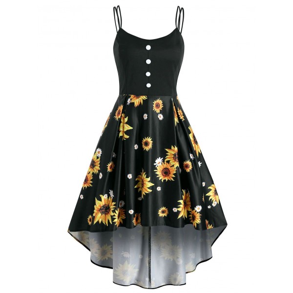 Mock Button Sunflower Print High Low Dress