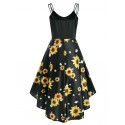 Mock Button Sunflower Print High Low Dress