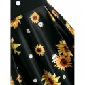 Mock Button Sunflower Print High Low Dress