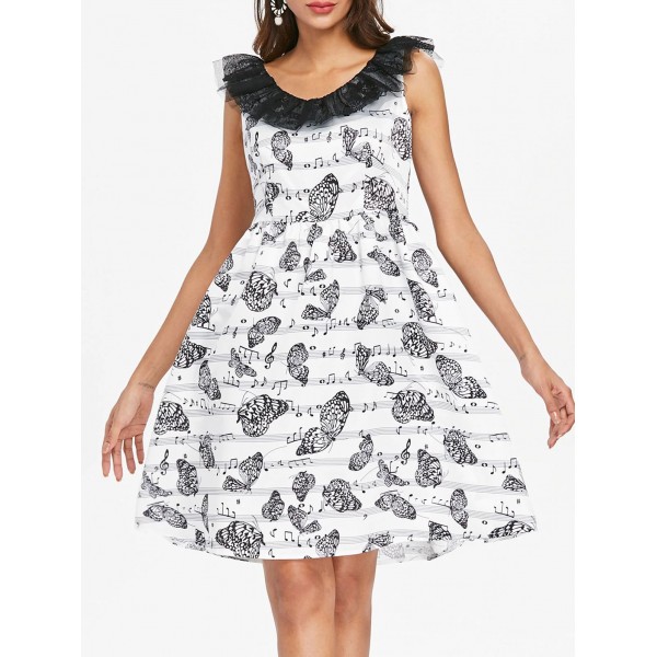 Music Note Butterfly Print Vintage Dress