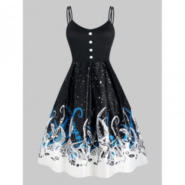 Octopus Print Mock Button Dual Straps Dress