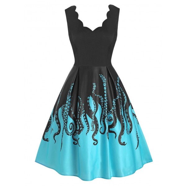 Octopus Print Scalloped V Neck Sleeveless Dress