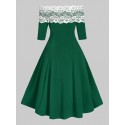 Off Shoulder Flower Lace Button Embellished Rockabilly Style Dress