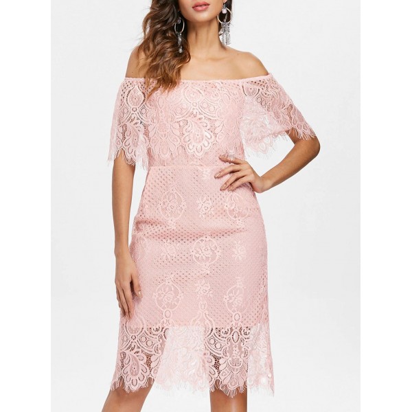 Off Shoulder Ruffled Lace Bodycon Dress