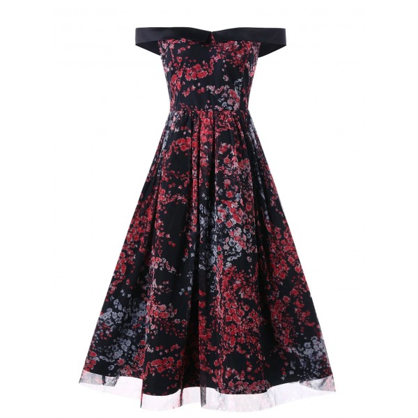 Off The Shoulder Floral Rockabilly Style Vintage Dress