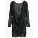 Openwork Design Long Sleeve Round Collar Backless Black Color Lace Packet Buttock Dress