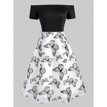 Organza Butterfly Print Off Shoulder Dress