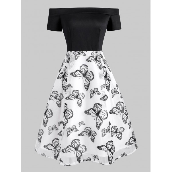 Organza Butterfly Print Off Shoulder Dress