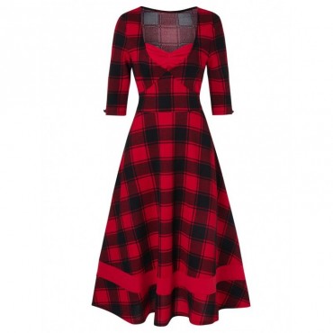 Plaid Print Sweetheart Neck Midi Vintage Flare Dress