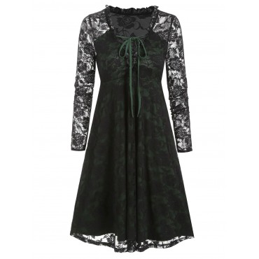 Plunge Neck Lace-up Ruffle Flower Lace Dress