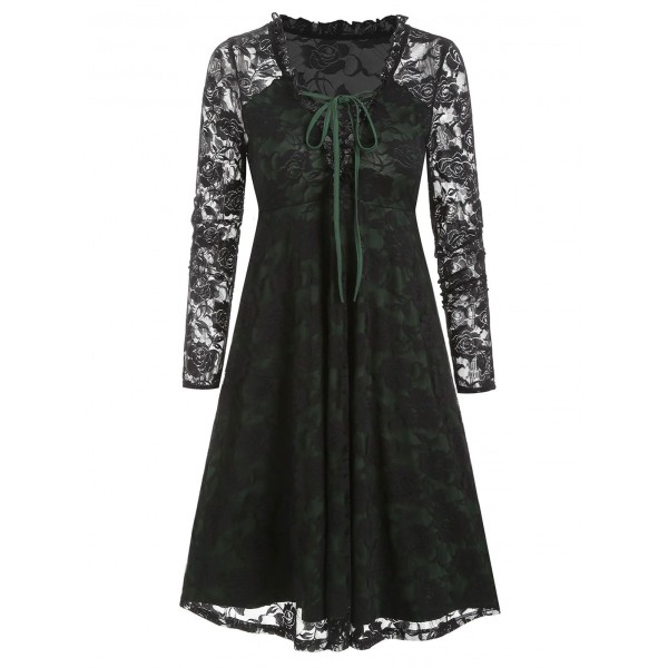 Plunge Neck Lace-up Ruffle Flower Lace Dress