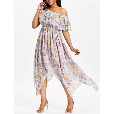 Print Ruffle Skew Collar Maxi Dress