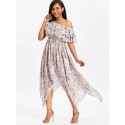 Print Ruffle Skew Collar Maxi Dress