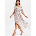 Print Ruffle Skew Collar Maxi Dress