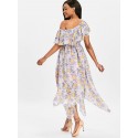 Print Ruffle Skew Collar Maxi Dress