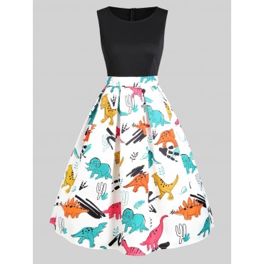 Round Neck Dinosaur Print Flare Dress