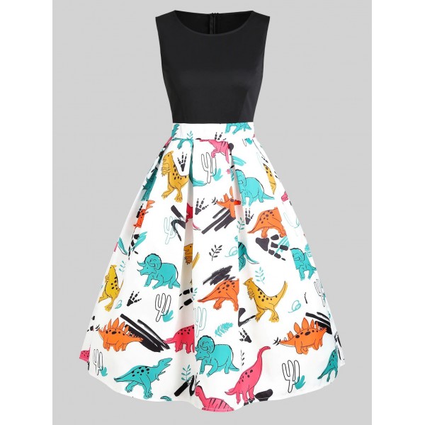 Round Neck Dinosaur Print Flare Dress