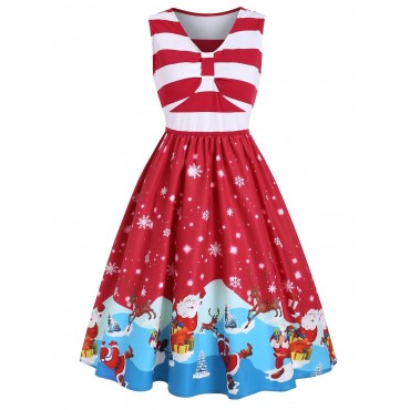 Santa Claus Snowflake Striped Christmas Sleeveless Dress