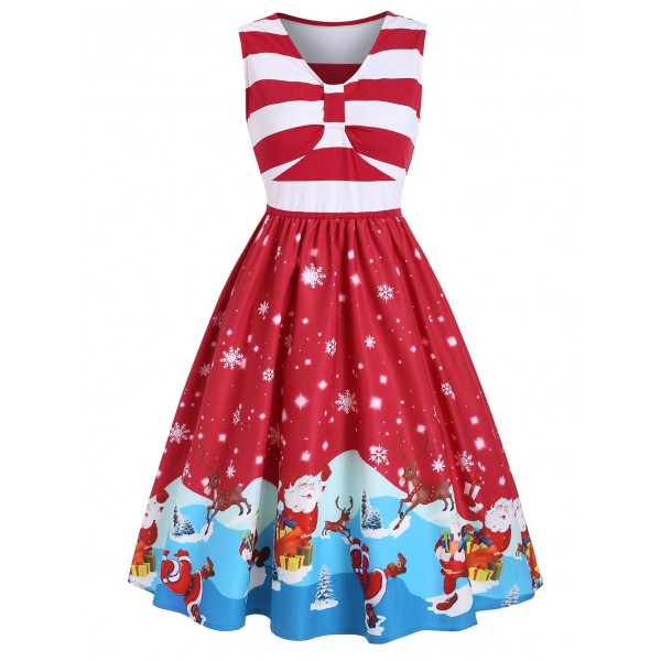 Santa Claus Snowflake Striped Christmas Sleeveless Dress