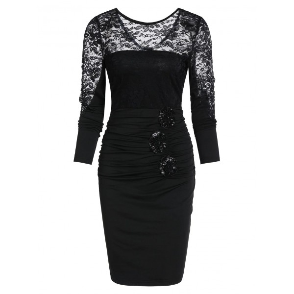 See Through Drape Design Lace Sheath Dress