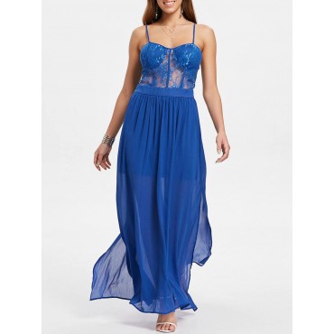 See Through Lace Insert Maxi Flowing Dress