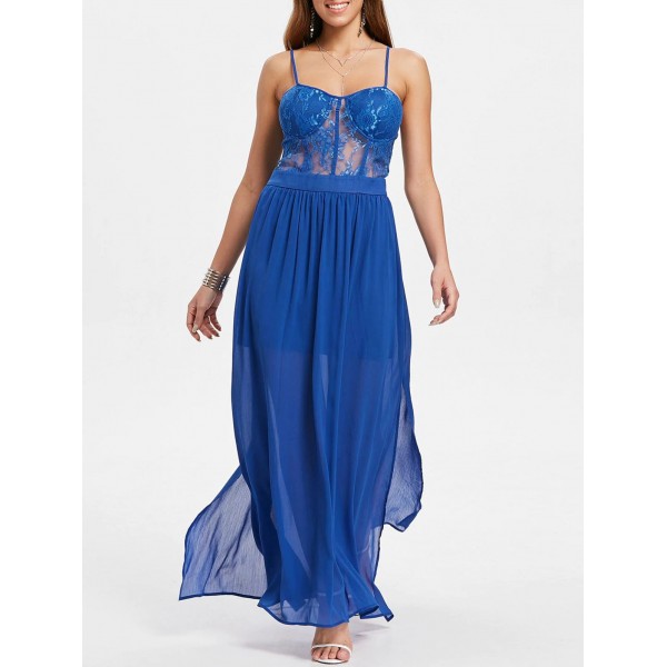 See Through Lace Insert Maxi Flowing Dress