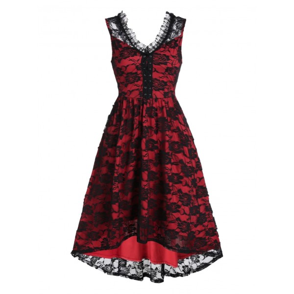 Sleeveless Lace-up High Low Flower Lace Dress