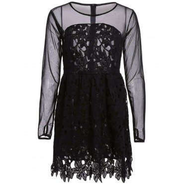 Stylish Round Collar Lace Floral Embroidery Long Sleeve Dress For Women