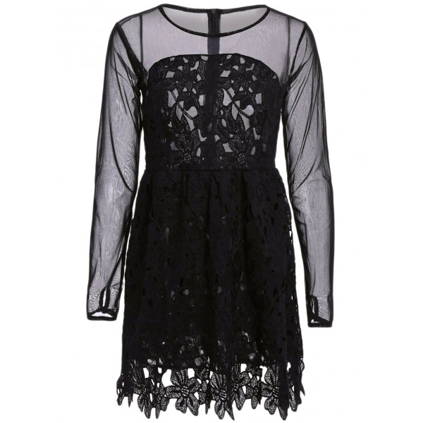 Stylish Round Collar Lace Floral Embroidery Long Sleeve Dress For Women