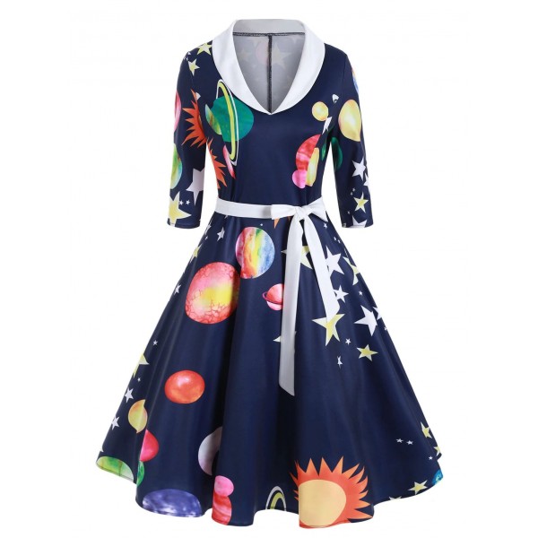 Sun Moon Star Print Shawl Collar A Line Dress