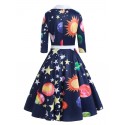 Sun Moon Star Print Shawl Collar A Line Dress