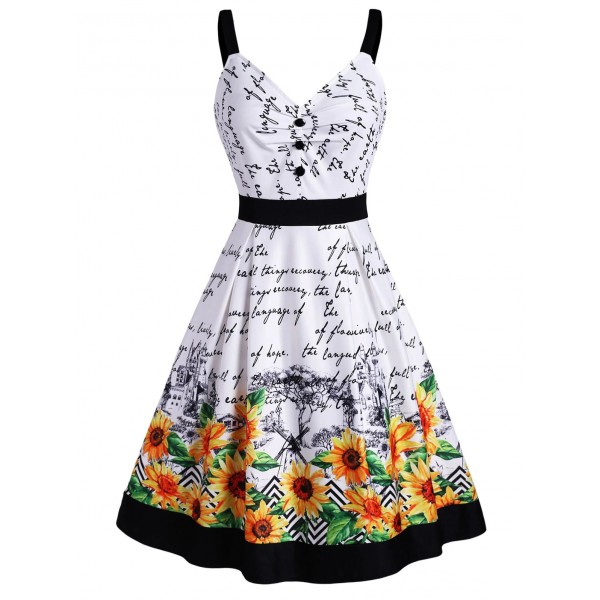 Sunflower Letter Graphic Mock Button Ruched Dress