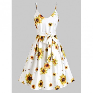 Sunflower Print Belted Cami Vacation Dress