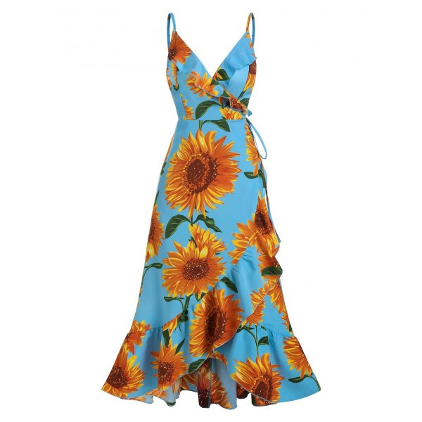 Sunflower Print Spaghetti Strap Wrap Maxi Dress